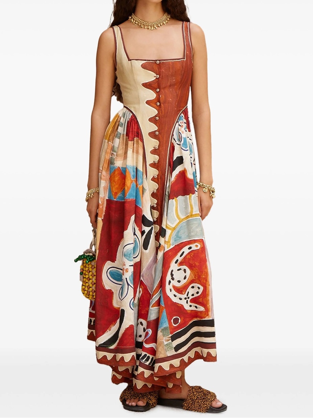 Alemais Multicolor Patchwork Midi Dress in Red, Cream & Blue